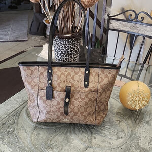 Coach Brown and Black Coated Canvas City Zip Bag